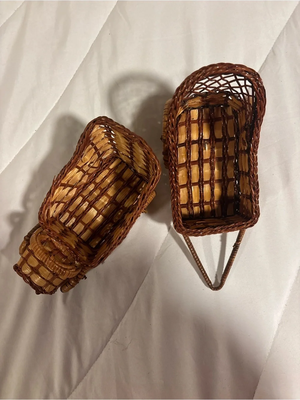 Vintage Wicker Miniature Carriage or Wheelbarrow, Boho Plant Stand Basket